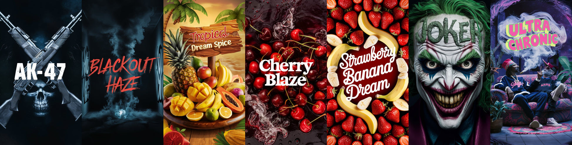 Räuchermischung Bundle AK-47, Blackout Haze, Tropical Dream Spice, Cherry Blaze, Strawberry Banana Dream, Joker und Ultra Chronic kaufen bei Rauch-Planet.de